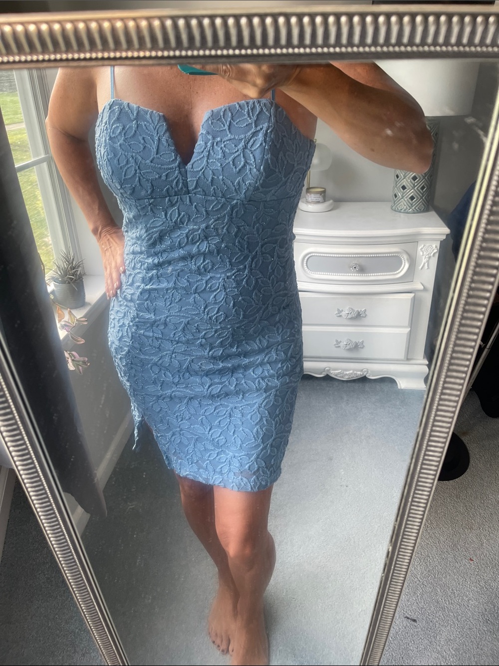 Emerald Sundae Strapless Slate Blue Lace Midi Dress